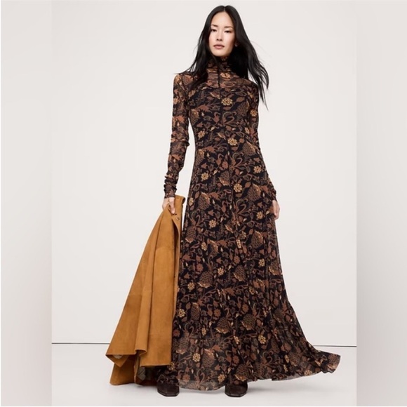 Banana Republic Dresses & Skirts - Banana Republic Long Sleeve Mesh Black and Brown Floral Maxi Dress
